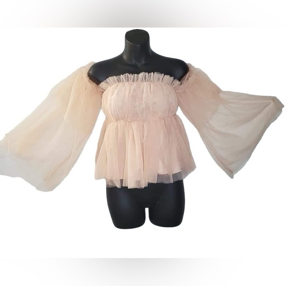 On Twelth off-shoulder blush tulle ruffle babydoll blouse sheer sleeves - Picture 1 of 3